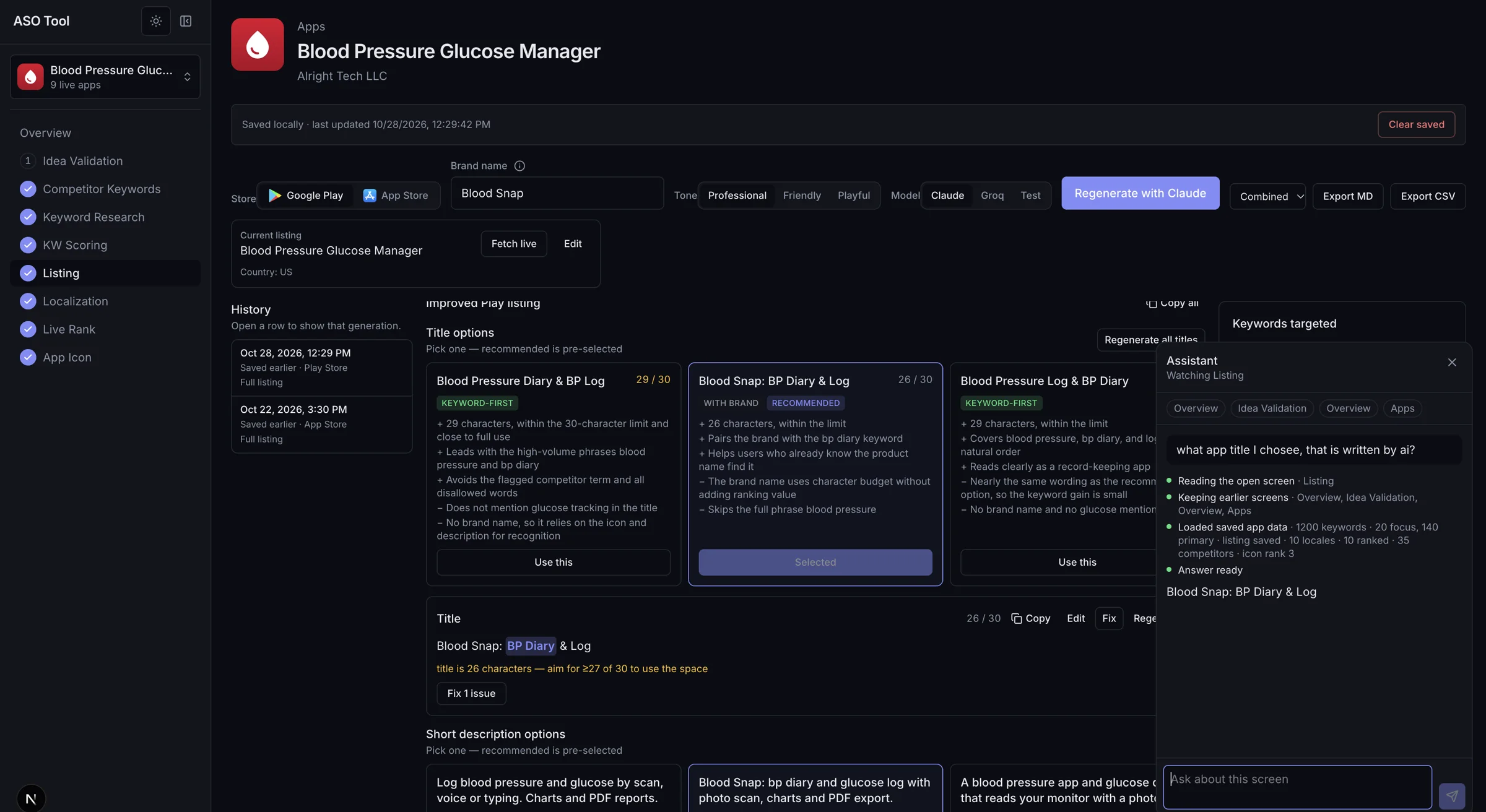 NewASO Live AI assistant open beside the BloodSnap listing, reading the Listing screen and answering a question about the generated title.